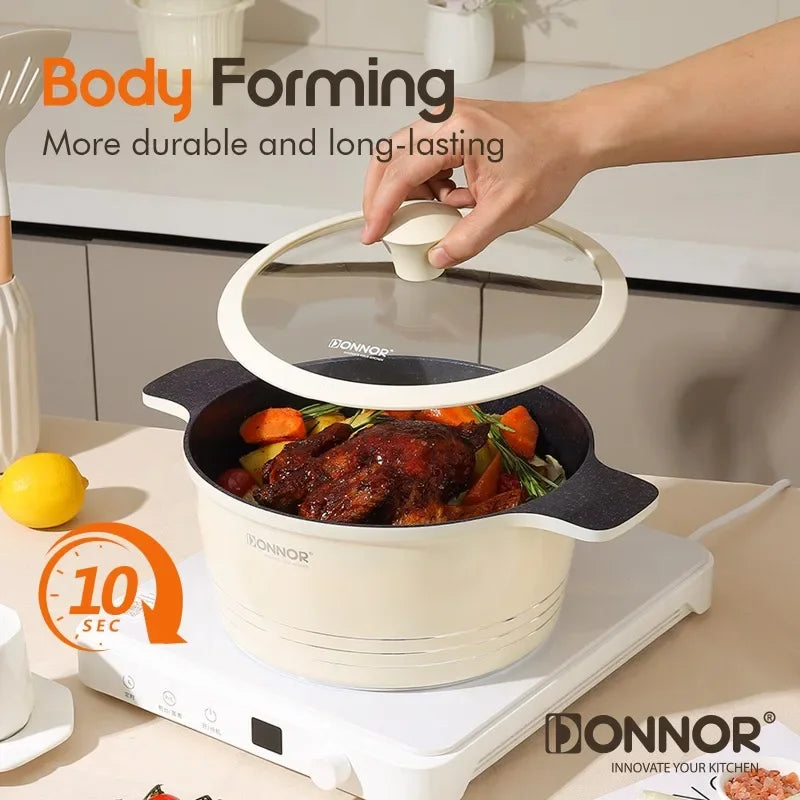 DONNOR 15 unids/set juego de utensilios de cocina sartén antiadherente de aluminio + utensilios de cocina de cerámica sartén olla de sopa con tapa antiescaldaduras estufa de doble oreja