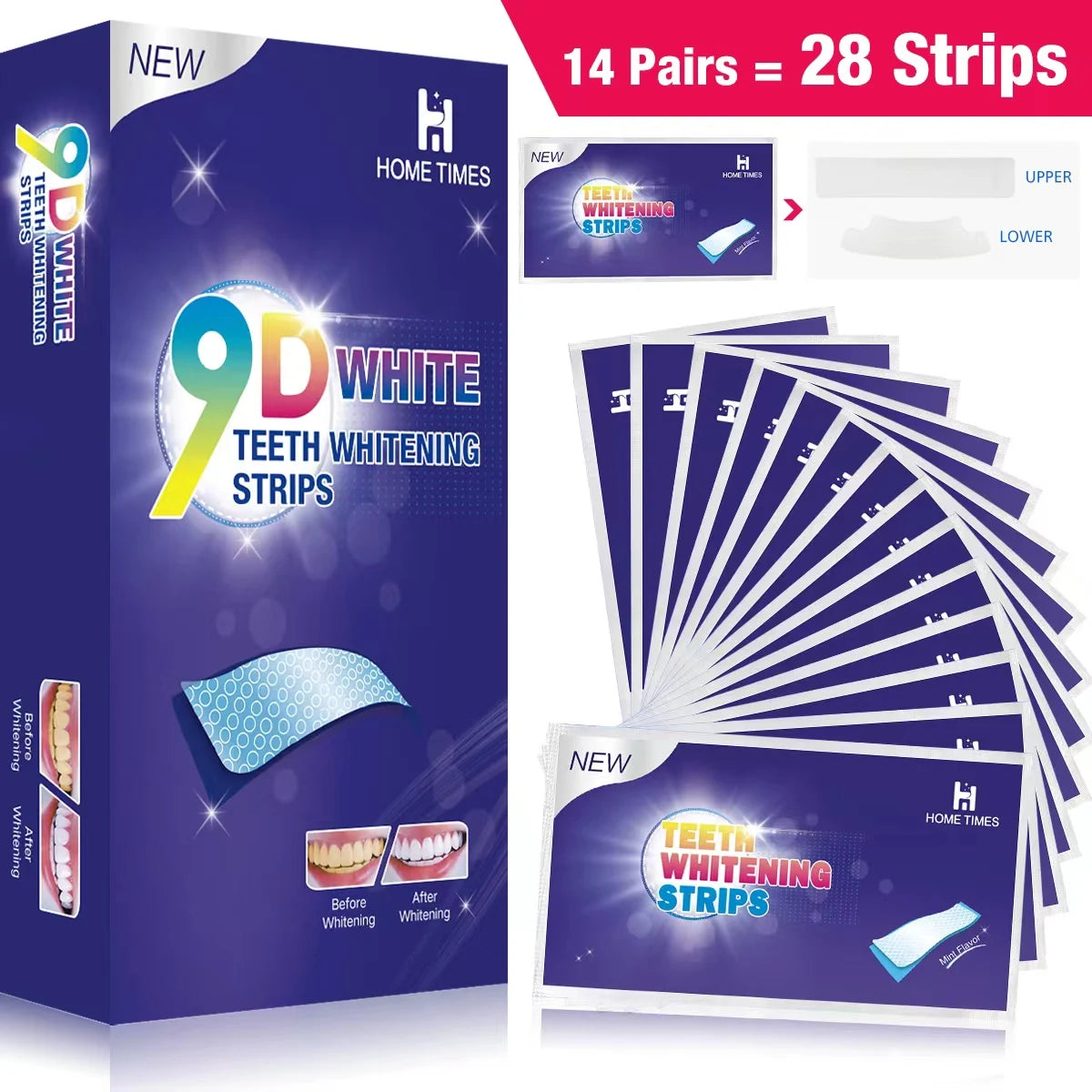 7/14/28 pares de tiras blanqueadoras de dientes para dientes, tiras blanqueadoras 5D/9D tiras blancas de sensibilidad reducida para blanqueamiento dental