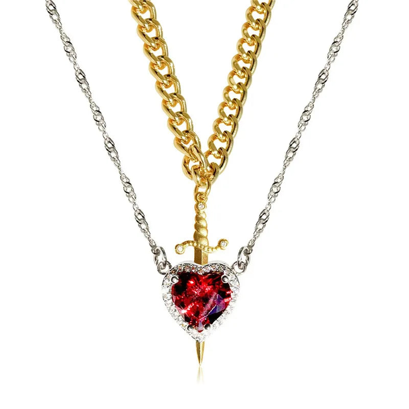 Collar de corazón y espada, collares para parejas, anillo de cristal de circón, pulsera, collar, conjunto de joyería para regalos románticos del Día de San Valentín