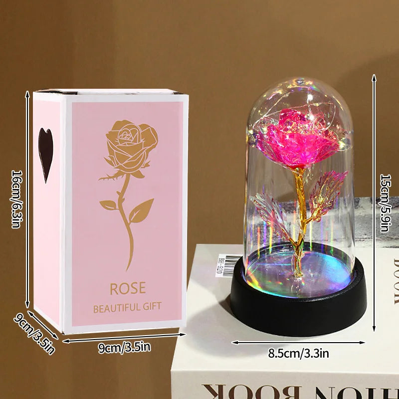 Rosas Eternas, Flores Artificiales en Lámina de Aluminio en Caja de Cristal, Flor Inmortal con Luz LED, Lámpara de Rosas, Flores Eternas, Regalo para el Día de la Madre