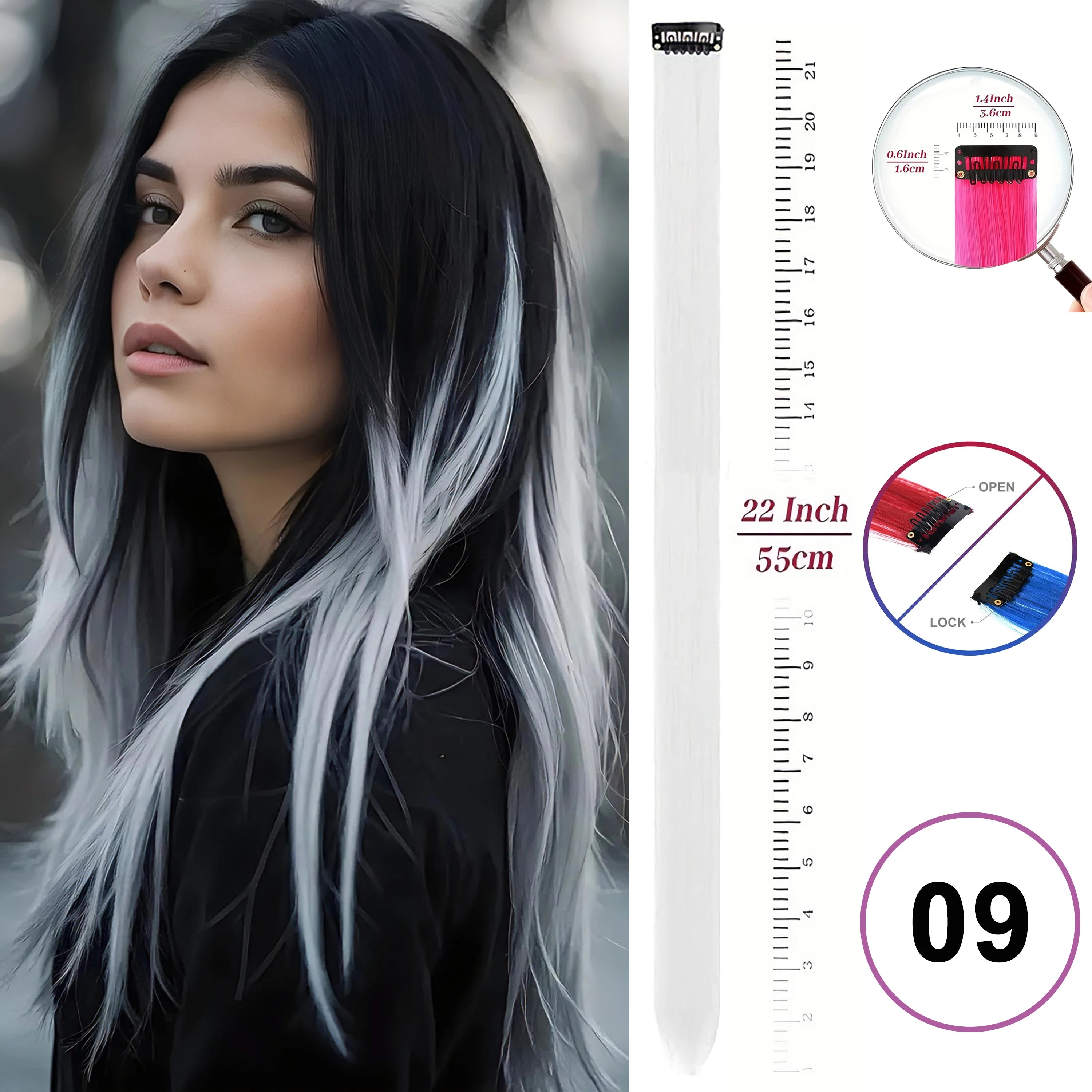 Extensiones de Cabello con Clip VEYDA de Colores para Fiestas, para Niñas, 22 Pulgadas, Colores Omber, Cabello Liso, Sintético