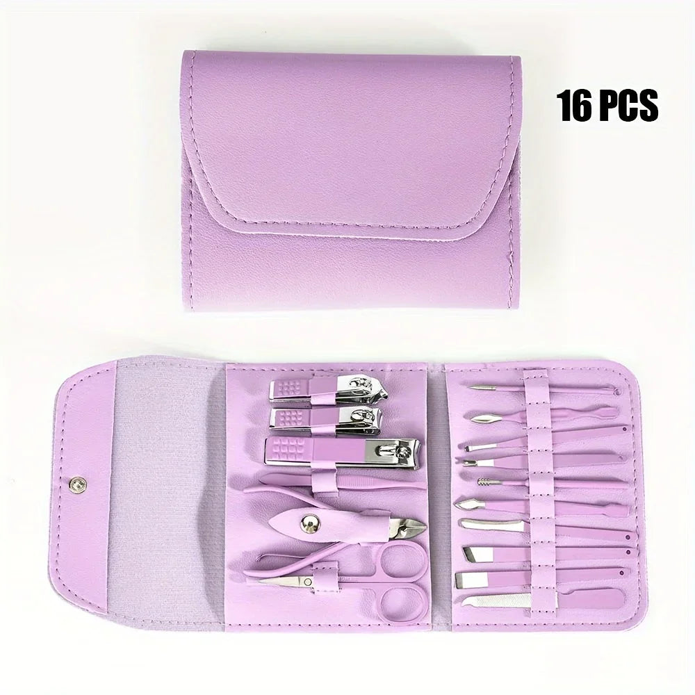 Juego profesional de cortaúñas y pinzas para cutículas, Set de manicura y pedicura con estuche de viaje, 16 piezas