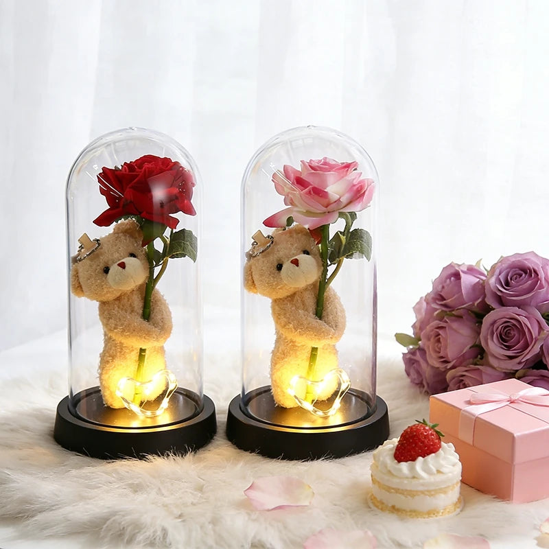 Rosas Eternas, Flores Artificiales en Lámina de Aluminio en Caja de Cristal, Flor Inmortal con Luz LED, Lámpara de Rosas, Flores Eternas, Regalo para el Día de la Madre