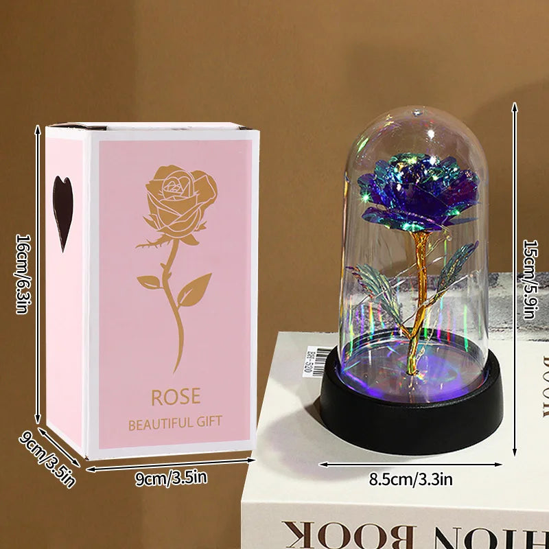 Rosas Eternas, Flores Artificiales en Lámina de Aluminio en Caja de Cristal, Flor Inmortal con Luz LED, Lámpara de Rosas, Flores Eternas, Regalo para el Día de la Madre