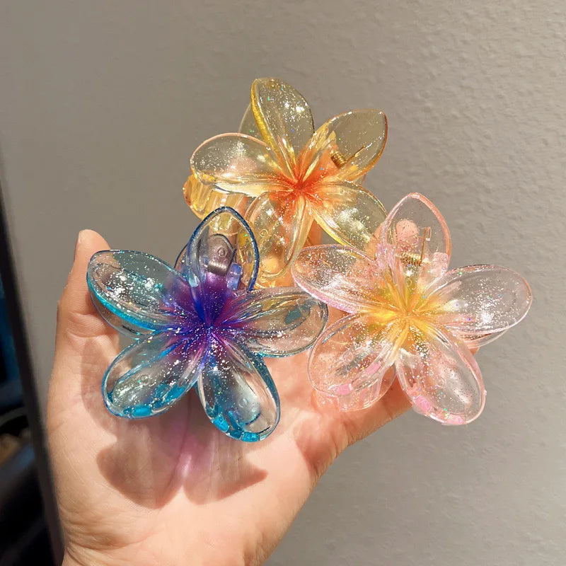 Nueva moda, Clip de garra de flor brillante para mujer, Clip de tiburón de cola de caballo dulce transparente, accesorios versátiles para el cabello para niña