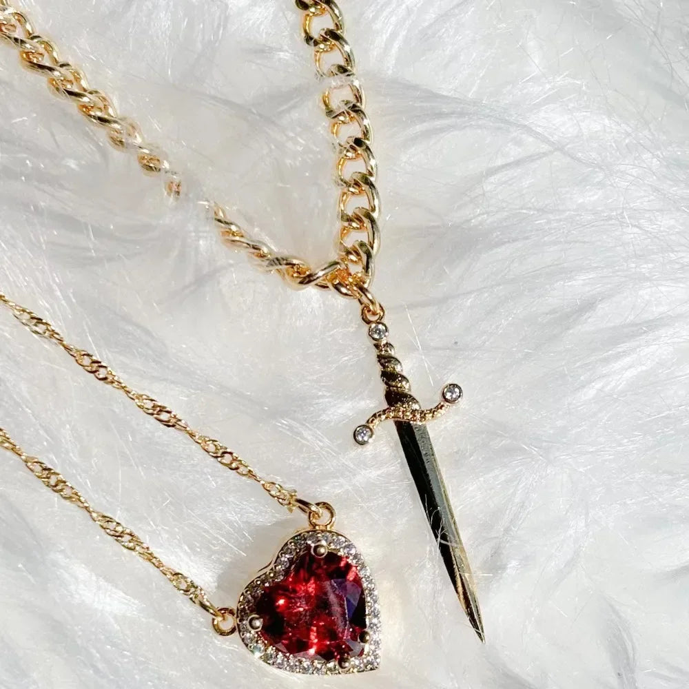 Collar de corazón y espada, collares para parejas, anillo de cristal de circón, pulsera, collar, conjunto de joyería para regalos románticos del Día de San Valentín