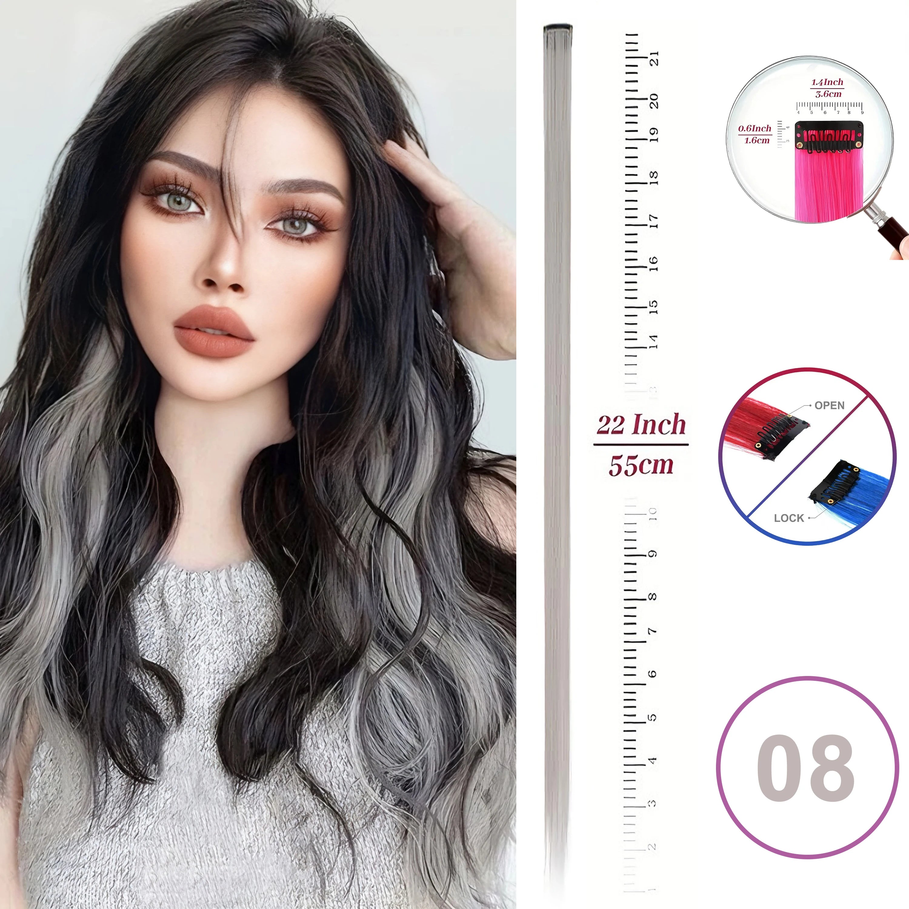 Extensiones de Cabello con Clip VEYDA de Colores para Fiestas, para Niñas, 22 Pulgadas, Colores Omber, Cabello Liso, Sintético