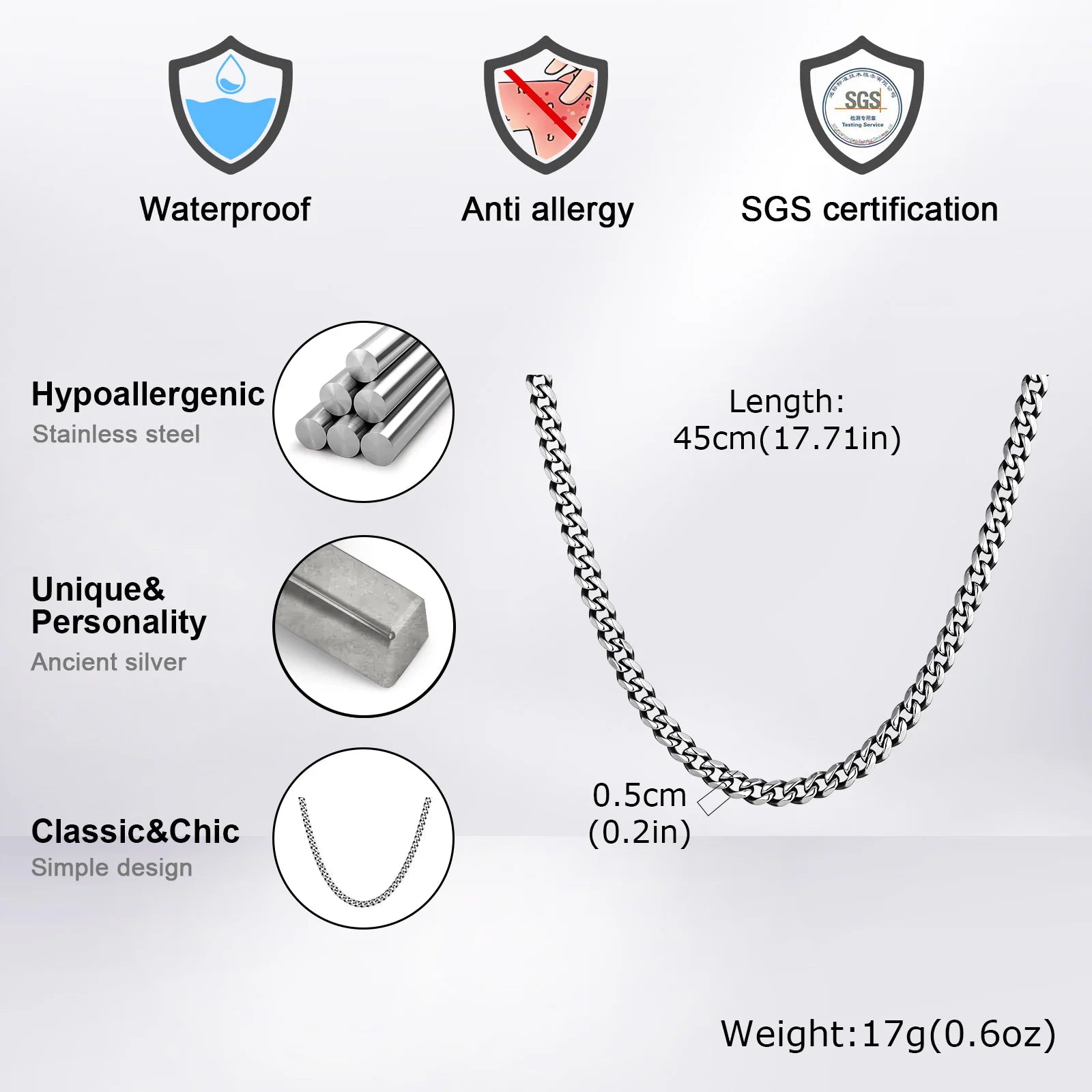 Classic Punk Cuban Chain Necklace for Men Women,Stainless Steel Grey Silver Gold Black Color Chain Link Collar,Wholesale Chain