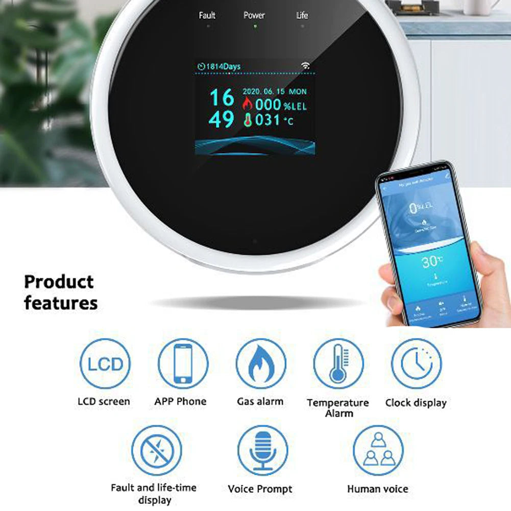 Sensor de Gas Natural Tuya Wifi, Detector inteligente de alarma de Gas Combustible para el hogar, Sensor de fugas de Gas Compatible con Amazon Alex