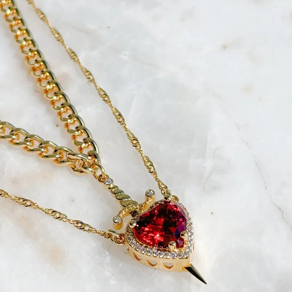 Collar de corazón y espada, collares para parejas, anillo de cristal de circón, pulsera, collar, conjunto de joyería para regalos románticos del Día de San Valentín