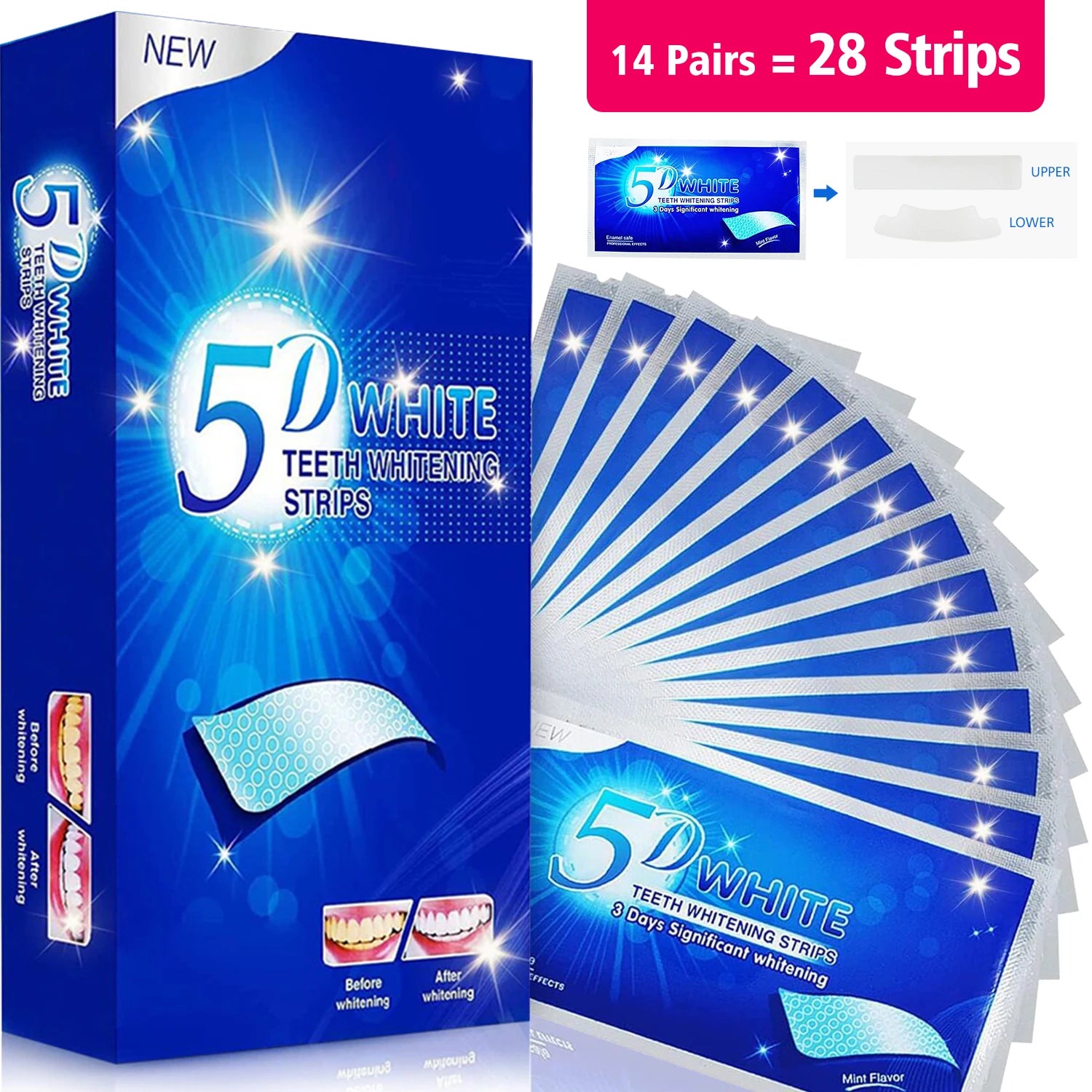 7/14/28 pares de tiras blanqueadoras de dientes para dientes, tiras blanqueadoras 5D/9D tiras blancas de sensibilidad reducida para blanqueamiento dental