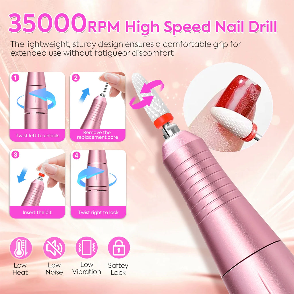 Máquina de manicura portátil recargable de 35000 RPM con lijadora de uñas de bajo ruido para acrílico, gel y esmalte, herramienta profesional para uñas.