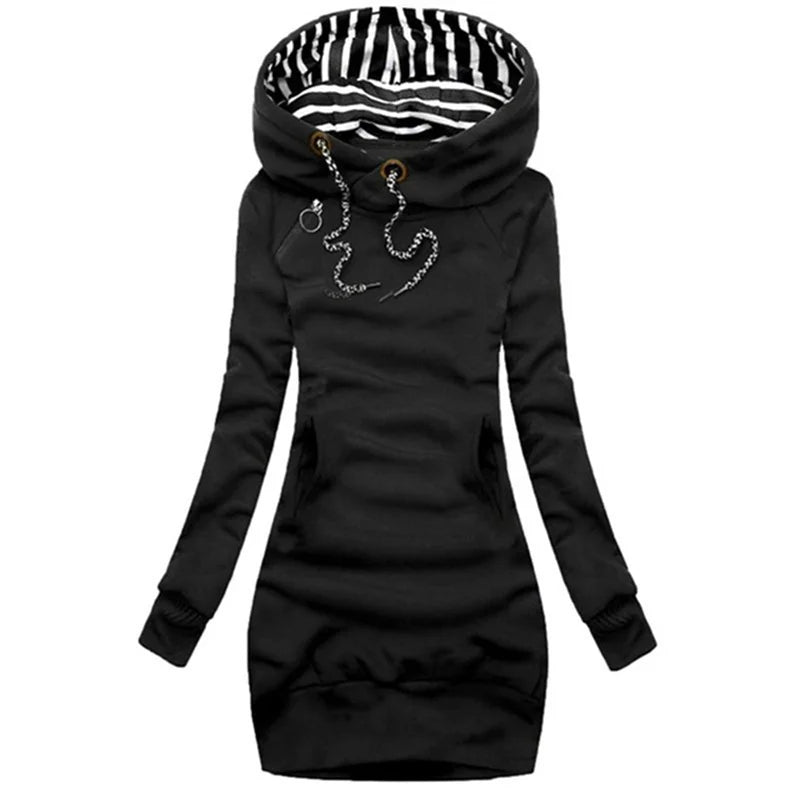 Vestido con capucha Casual Color sólido Manga larga Cordón Sudadera con capucha Vestido delgado con capucha Jersey Sudadera Vestido