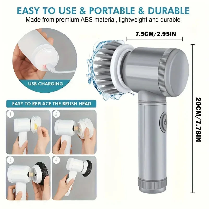 Cepillo de Limpieza Eléctrico Giratorio, Cepillo de Limpieza Inalámbrico para Baño con 5 Cabezales de Cepillo Reemplazables, Cepillo de Limpieza Eléctrico