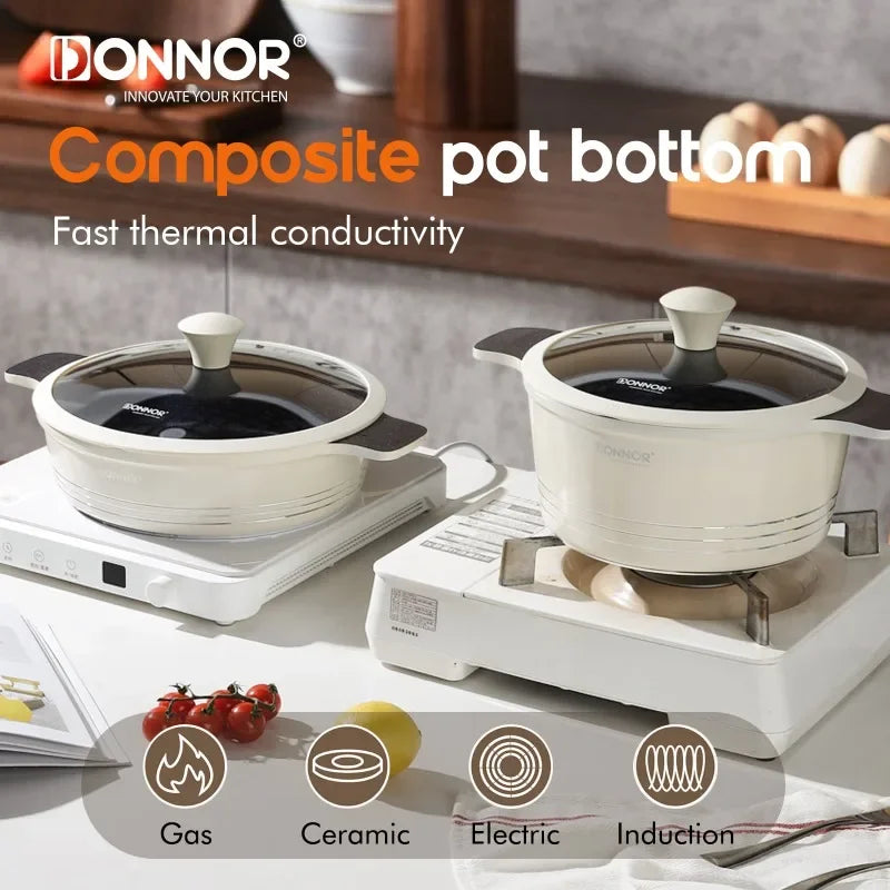 DONNOR 15 unids/set juego de utensilios de cocina sartén antiadherente de aluminio + utensilios de cocina de cerámica sartén olla de sopa con tapa antiescaldaduras estufa de doble oreja