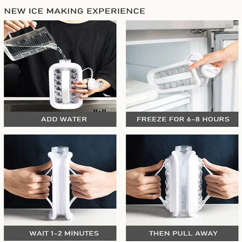Molde de hielo portátil 2 en 1: bandeja circular para cubitos de hielo, botella de agua para hacer discos de hielo, molde de 12 rejillas con tapa plana para enfriar y hacer paletas de hielo.