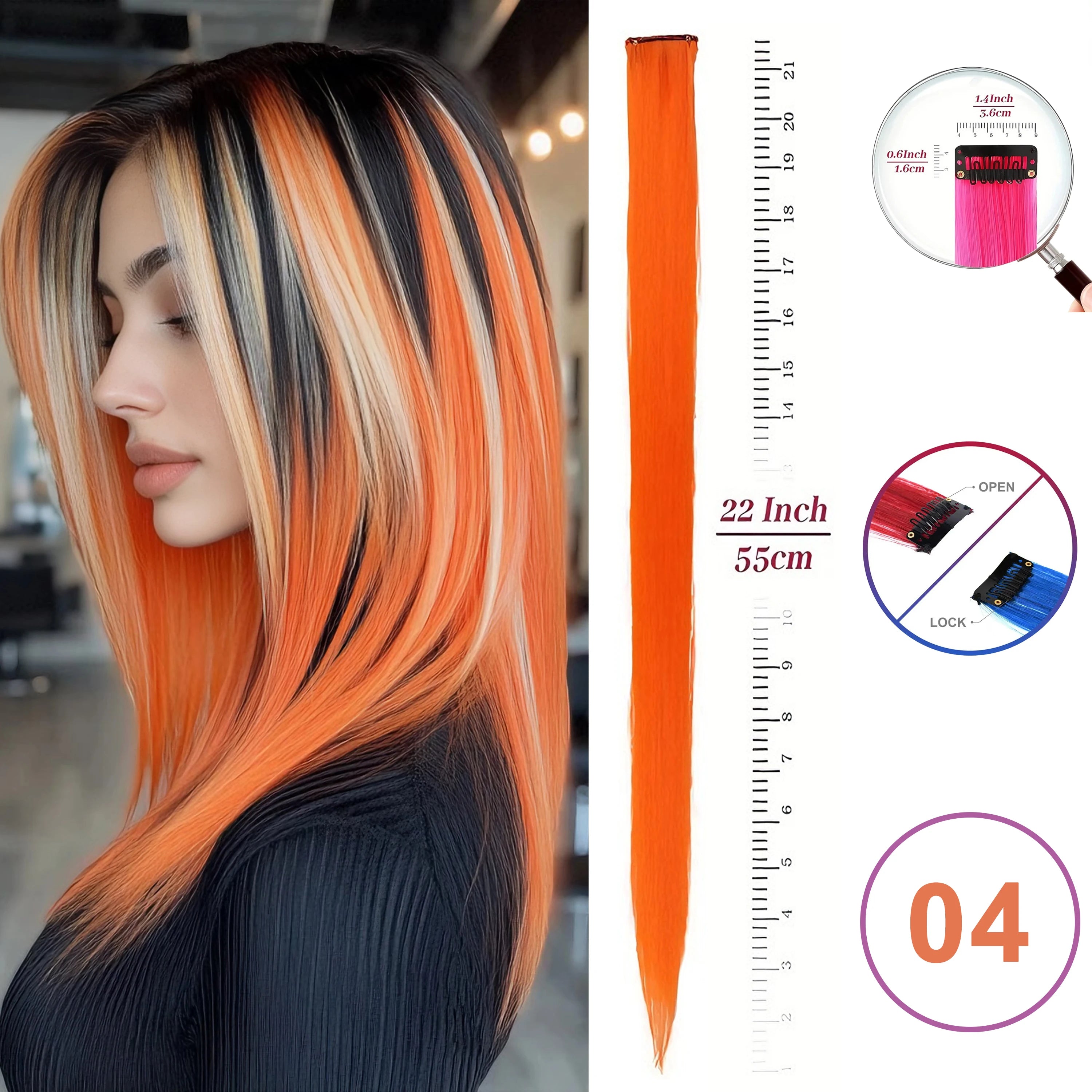 Extensiones de Cabello con Clip VEYDA de Colores para Fiestas, para Niñas, 22 Pulgadas, Colores Omber, Cabello Liso, Sintético