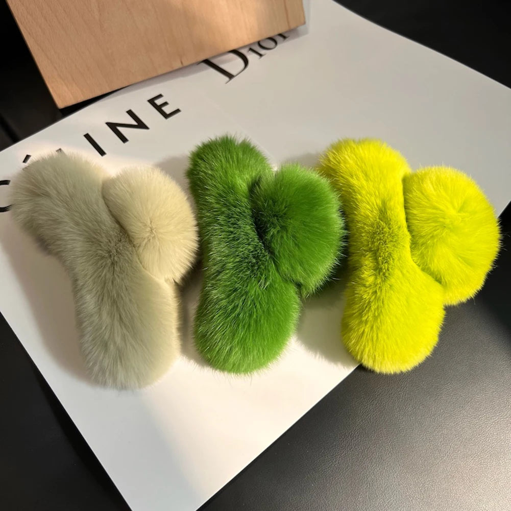 Pinza para el cabello de felpa elegante, de piel sintética lisa, pinzas grandes para el cabello, horquilla de color liso para otoño e invierno, ideal para cabello grueso.