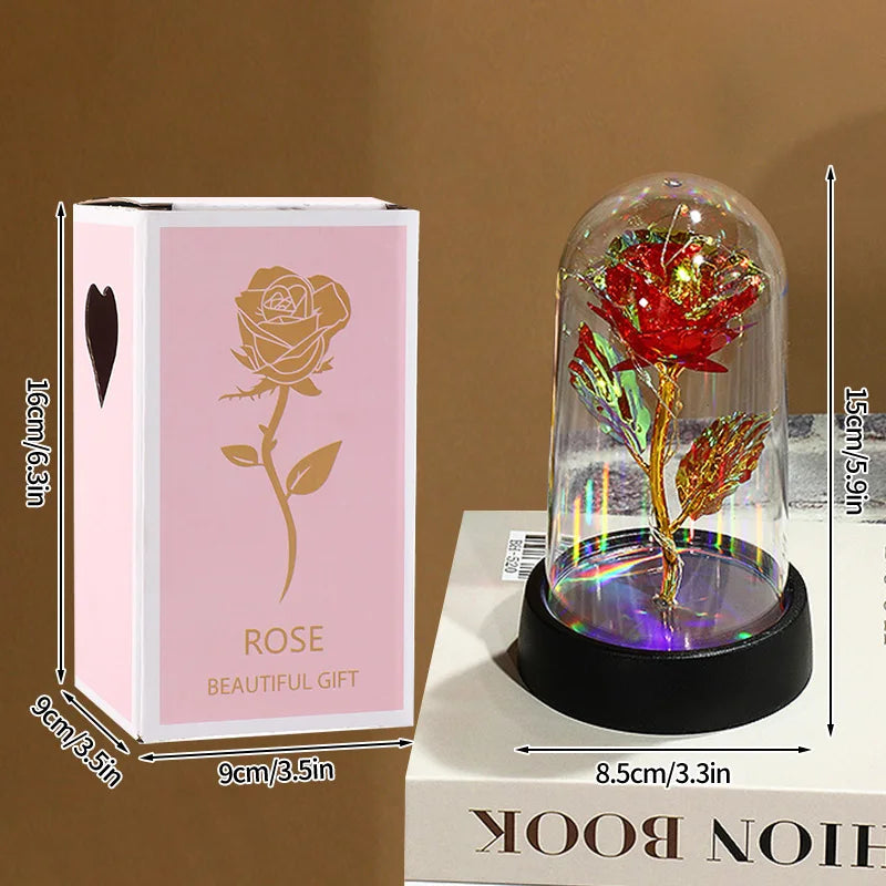 Rosas Eternas, Flores Artificiales en Lámina de Aluminio en Caja de Cristal, Flor Inmortal con Luz LED, Lámpara de Rosas, Flores Eternas, Regalo para el Día de la Madre