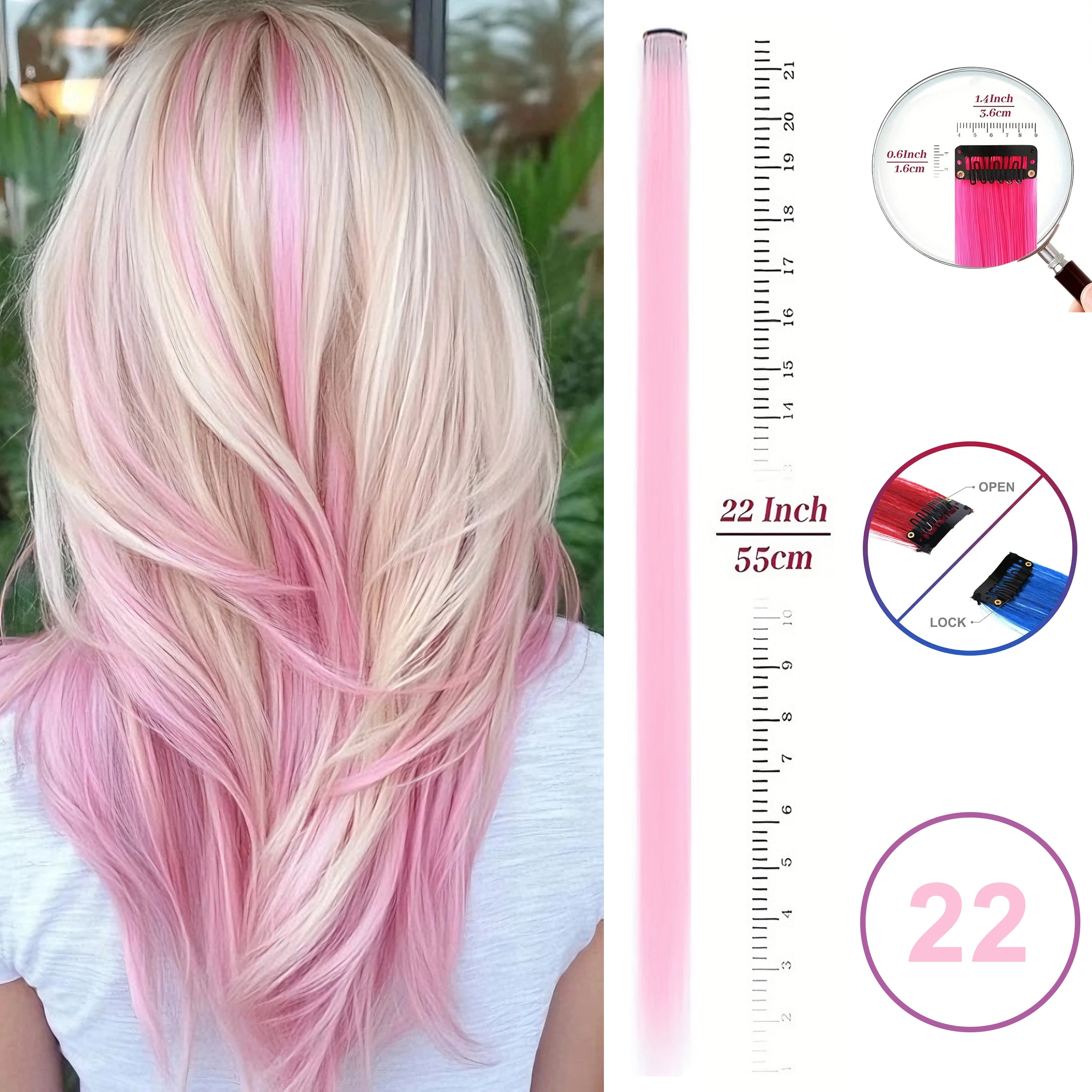 Extensiones de Cabello con Clip VEYDA de Colores para Fiestas, para Niñas, 22 Pulgadas, Colores Omber, Cabello Liso, Sintético