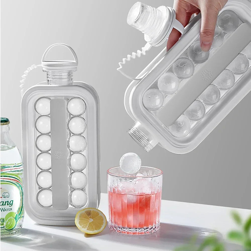 Molde de hielo portátil 2 en 1: bandeja circular para cubitos de hielo, botella de agua para hacer discos de hielo, molde de 12 rejillas con tapa plana para enfriar y hacer paletas de hielo.