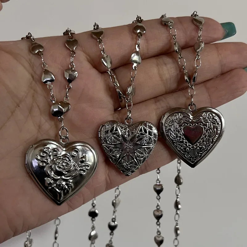 Collar con colgante de marco de medallón de foto de corazón romántico, collares con dijes de corazón de amor de acero inoxidable de Color plateado, joyería Y2K para mujer