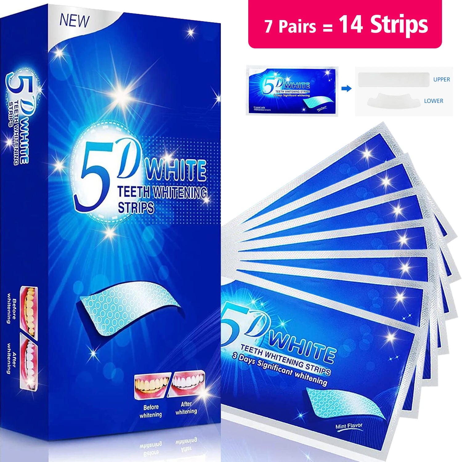 7/14/28 pares de tiras blanqueadoras de dientes para dientes, tiras blanqueadoras 5D/9D tiras blancas de sensibilidad reducida para blanqueamiento dental