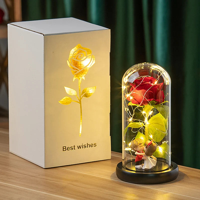 Rosas Eternas, Flores Artificiales en Lámina de Aluminio en Caja de Cristal, Flor Inmortal con Luz LED, Lámpara de Rosas, Flores Eternas, Regalo para el Día de la Madre