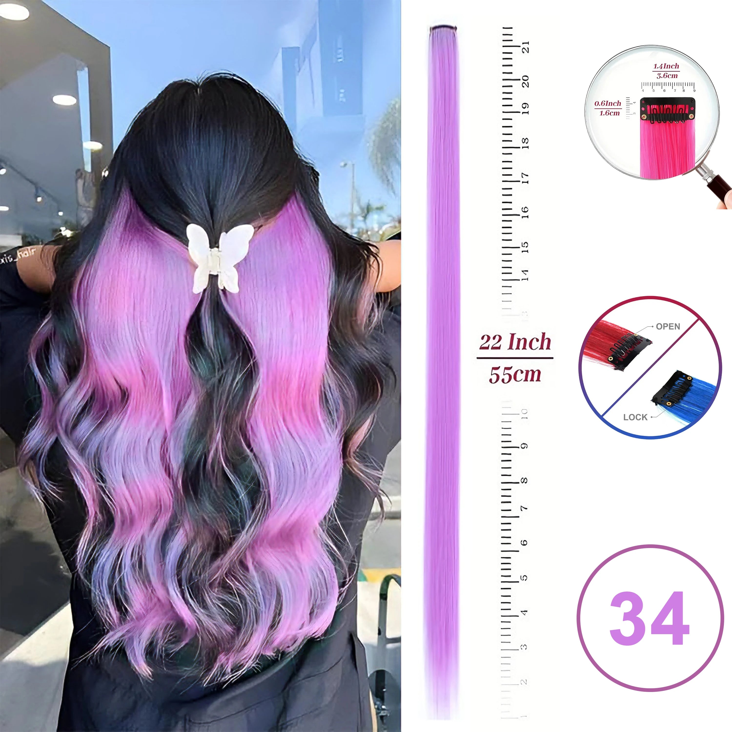 Extensiones de Cabello con Clip VEYDA de Colores para Fiestas, para Niñas, 22 Pulgadas, Colores Omber, Cabello Liso, Sintético