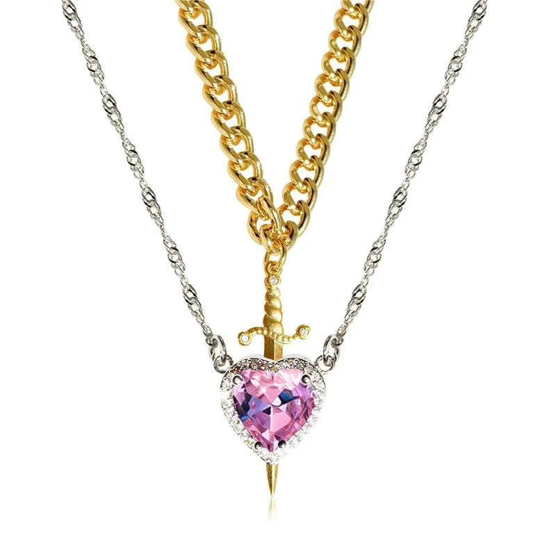 Collar de corazón y espada, collares para parejas, anillo de cristal de circón, pulsera, collar, conjunto de joyería para regalos románticos del Día de San Valentín