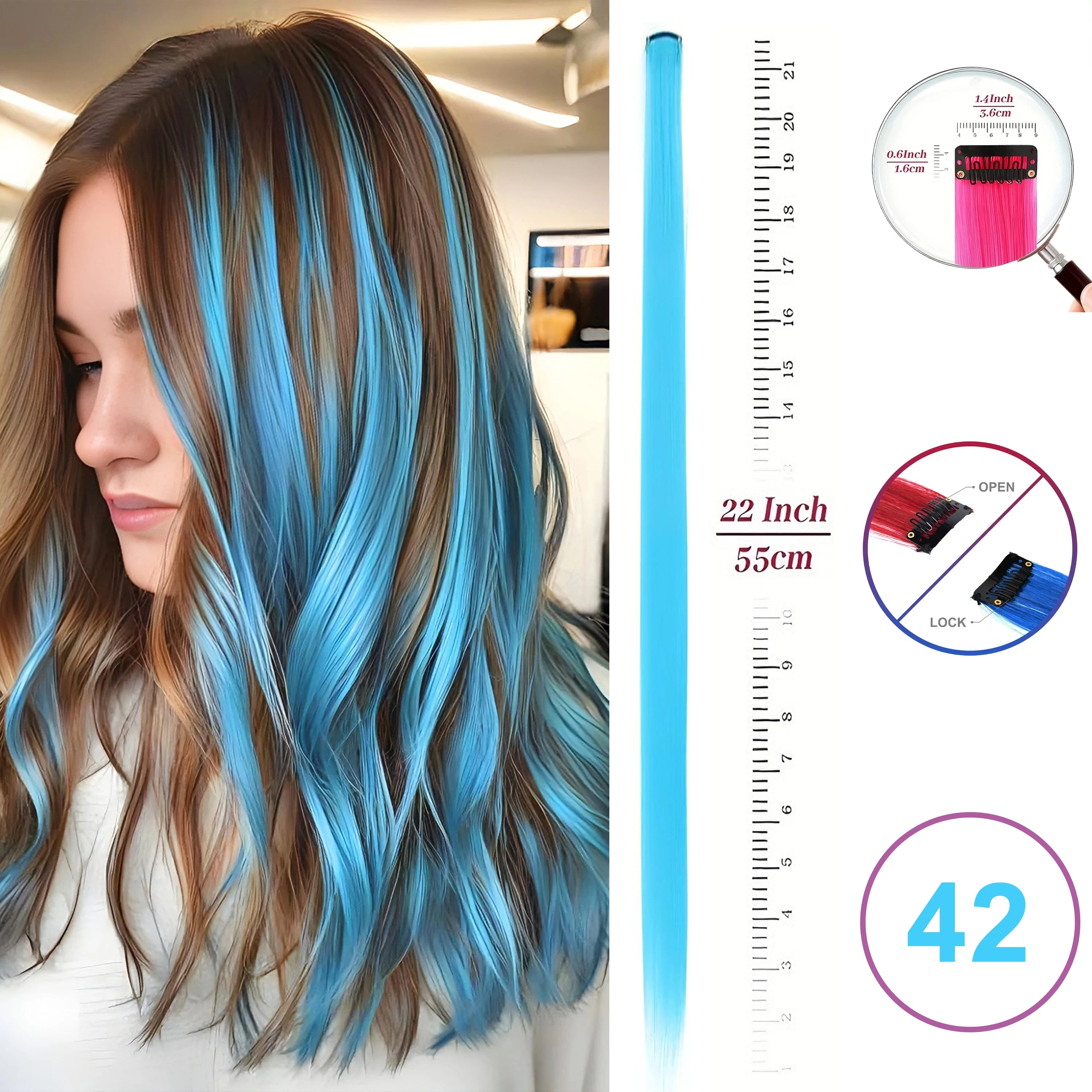 Extensiones de Cabello con Clip VEYDA de Colores para Fiestas, para Niñas, 22 Pulgadas, Colores Omber, Cabello Liso, Sintético