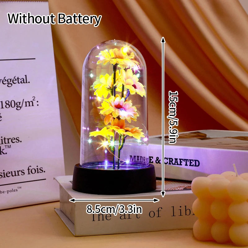 Rosas Eternas, Flores Artificiales en Lámina de Aluminio en Caja de Cristal, Flor Inmortal con Luz LED, Lámpara de Rosas, Flores Eternas, Regalo para el Día de la Madre