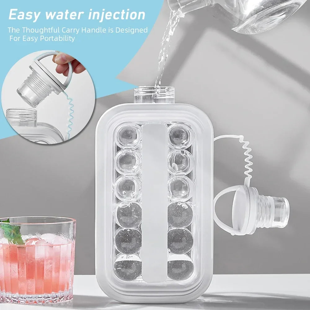 Molde de hielo portátil 2 en 1: bandeja circular para cubitos de hielo, botella de agua para hacer discos de hielo, molde de 12 rejillas con tapa plana para enfriar y hacer paletas de hielo.