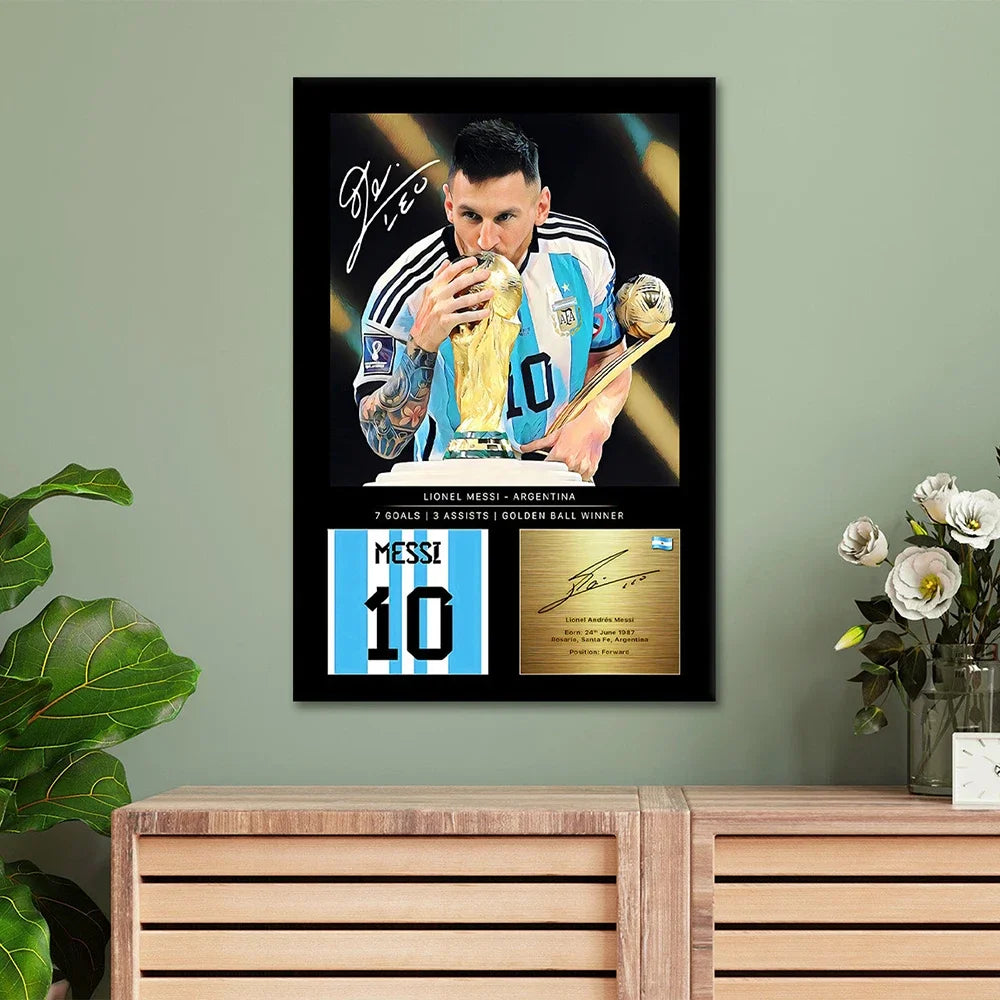 Arte de pared Pop moderno, estrella de fútbol argentina Meesi firmada, lienzo HD, póster impreso, decoración para el hogar, dormitorio, sala de estar, regalos