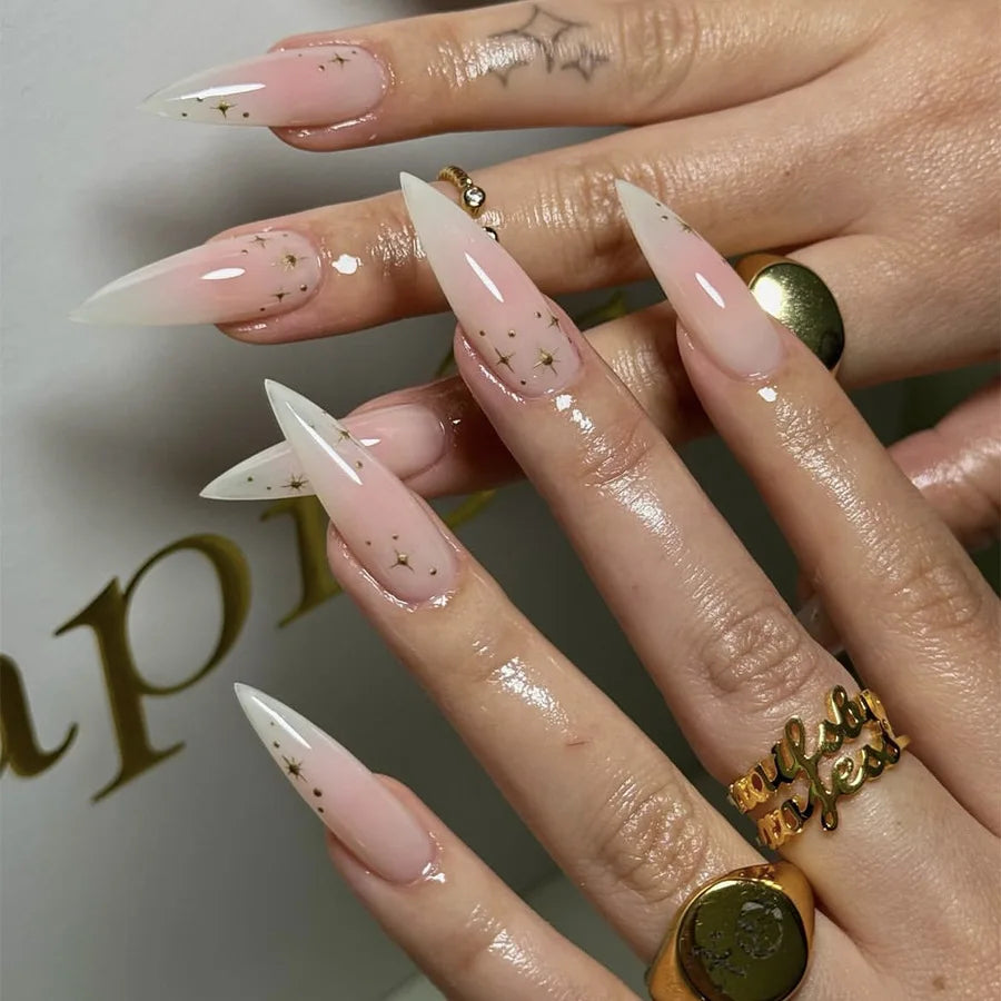Juego de 24 Uñas Postizas Francesas, Puntas de Uñas Largas y Puntiagudas, Arte de Uñas, Cobertura Completa, Degradado Rosa, Uñas Acrílicas Simples, Desmontables
