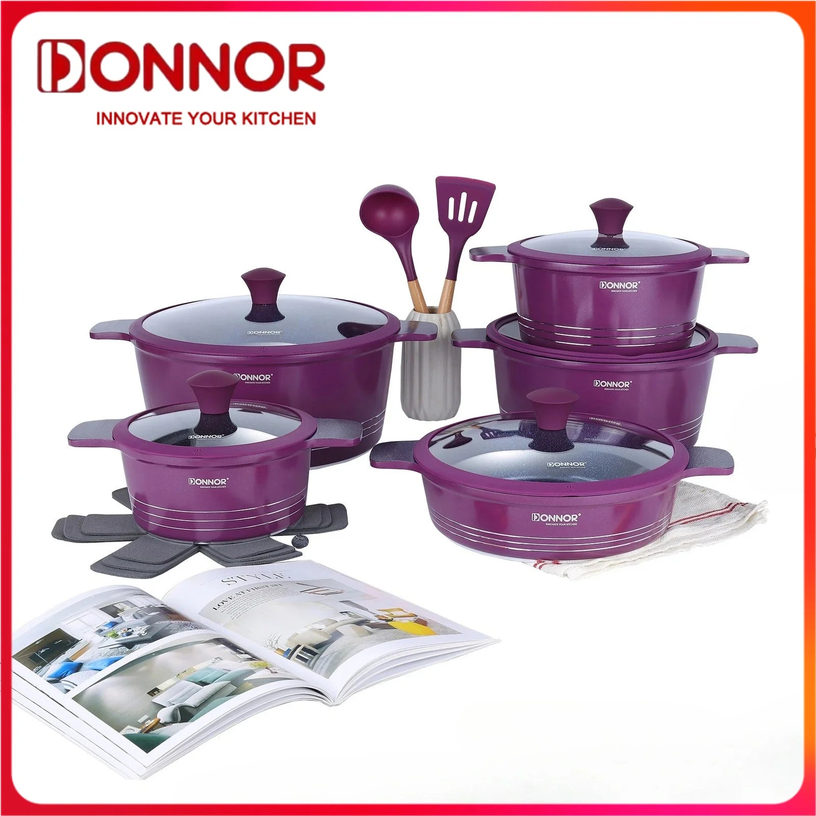 DONNOR 15 unids/set juego de utensilios de cocina sartén antiadherente de aluminio + utensilios de cocina de cerámica sartén olla de sopa con tapa antiescaldaduras estufa de doble oreja