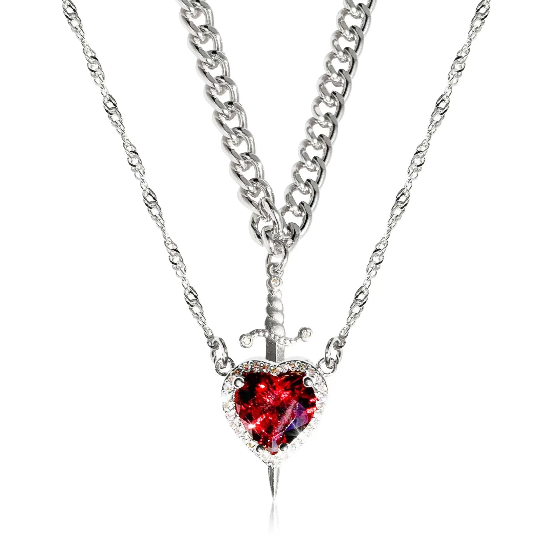 Collar de corazón y espada, collares para parejas, anillo de cristal de circón, pulsera, collar, conjunto de joyería para regalos románticos del Día de San Valentín