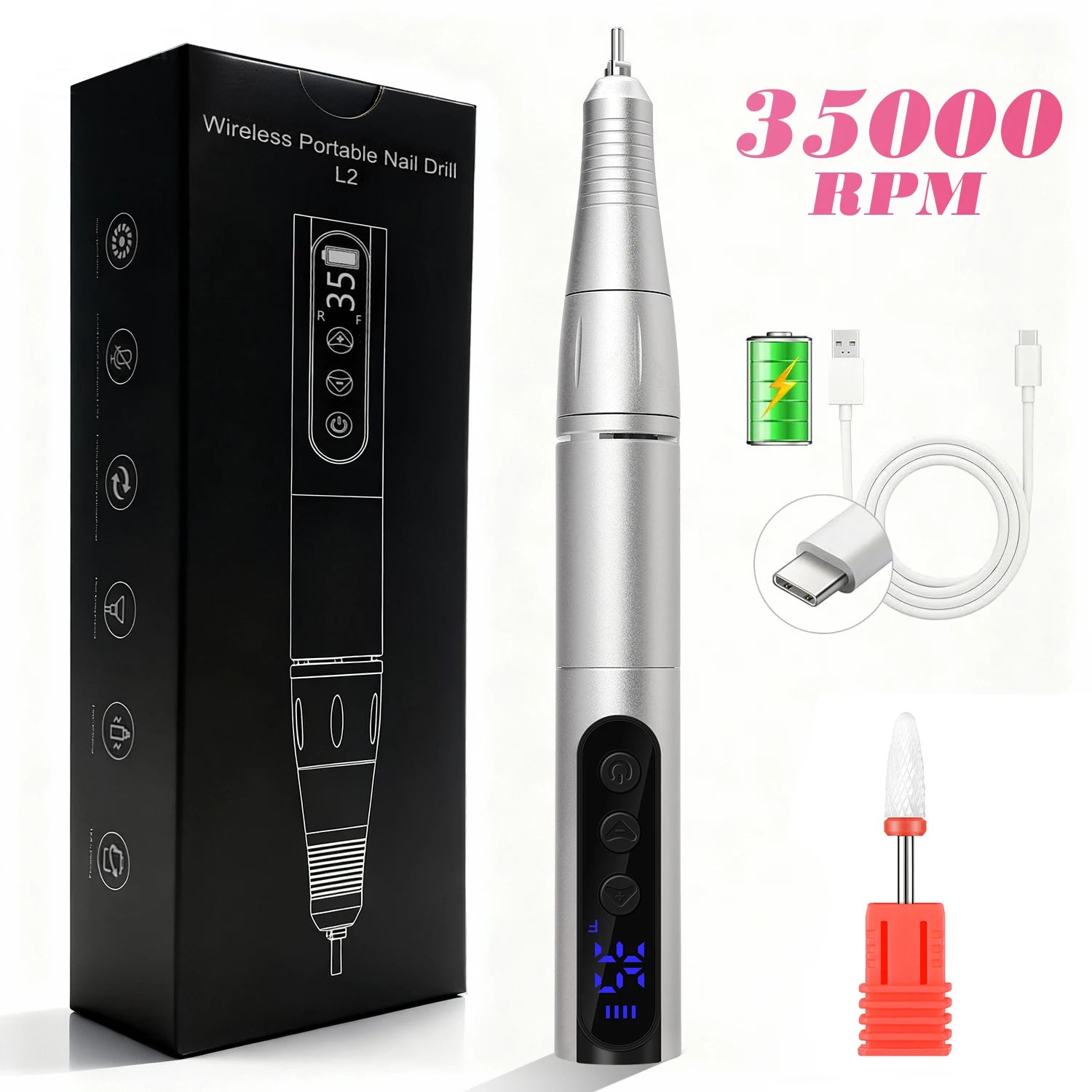Máquina de manicura portátil recargable de 35000 RPM con lijadora de uñas de bajo ruido para acrílico, gel y esmalte, herramienta profesional para uñas.