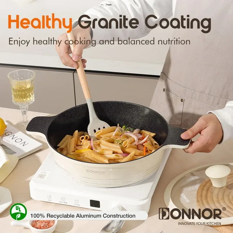 DONNOR 15 unids/set juego de utensilios de cocina sartén antiadherente de aluminio + utensilios de cocina de cerámica sartén olla de sopa con tapa antiescaldaduras estufa de doble oreja