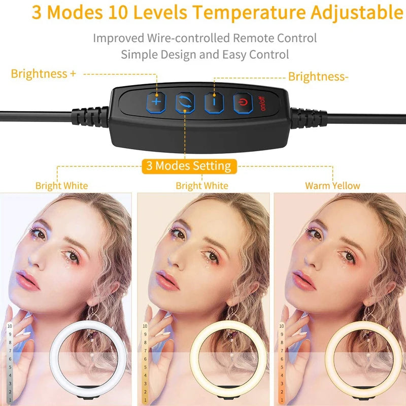 Luz LED para Selfie de 16/26/33cm, luces de fotografía con trípode, Control remoto por Bluetooth, anillo de luz regulable para vídeo, lámpara de relleno en vivo