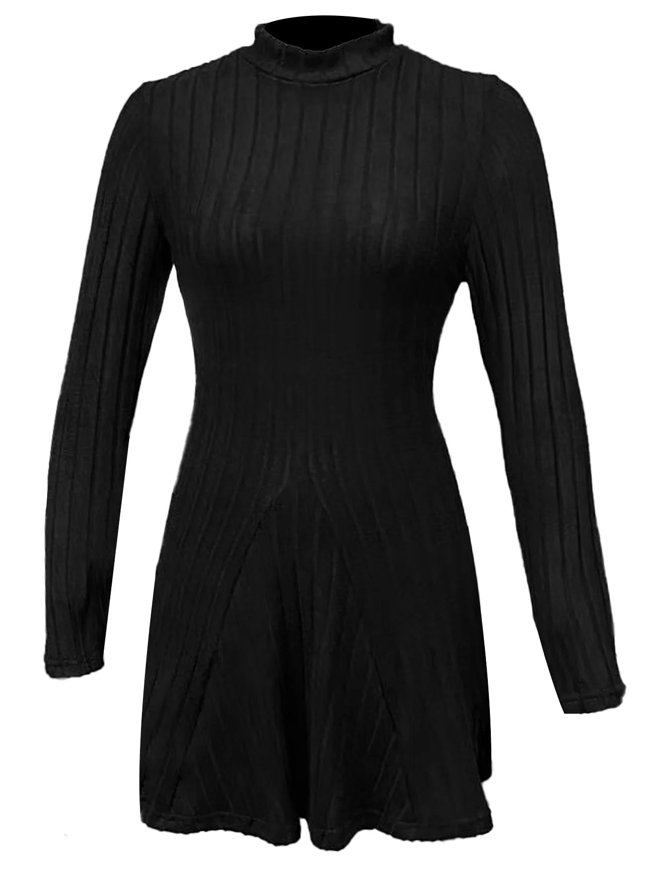 Vestido ajustado de manga larga con falda acampanada ceñida en la cintura y cuello medio alto para mujer