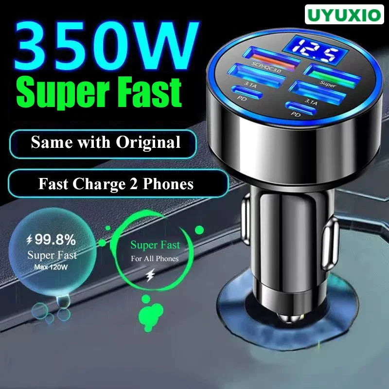 Cargador USB-C para Auto 6 en 1 con Carga Súper Rápida y Pantalla de Voltaje, Compatible con iPhone y Android