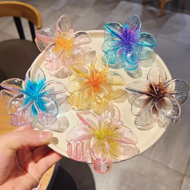 Nueva moda, Clip de garra de flor brillante para mujer, Clip de tiburón de cola de caballo dulce transparente, accesorios versátiles para el cabello para niña